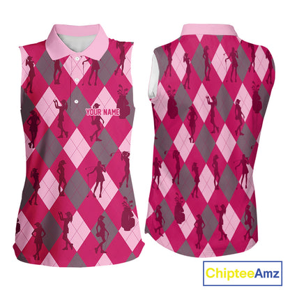 Pink Argyle Womens Sleeveless Golf Polo Shirts, Golf Shirts Custom Team Golf Polo For Ladies Team Golf Tops NBT490
