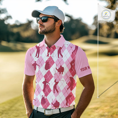 Light Pink Argyle Mens Golf Polo Shirts, Golf Shirts Custom Team Golf Polo For Men Team Golf Tops NBT491