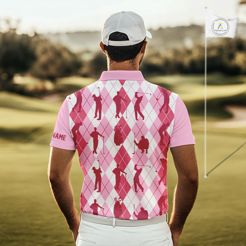 Light Pink Argyle Mens Golf Polo Shirts, Golf Shirts Custom Team Golf Polo For Men Team Golf Tops NBT491