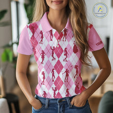 Load image into Gallery viewer, Light Pink Argyle Womens Golf Polo Shirts, Golf Shirts Custom Team Golf Polo For Ladies Team Golf Tops NBT491