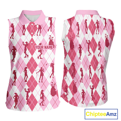 Light Pink Argyle Womens Sleeveless Golf Polo Shirts, Golf Shirts Custom Team Golf Polo For Ladies Team Golf Tops NBT491
