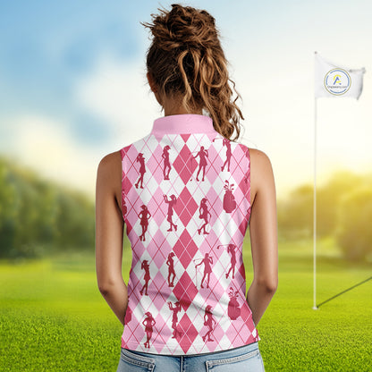 Light Pink Argyle Womens Sleeveless Golf Polo Shirts, Golf Shirts Custom Team Golf Polo For Ladies Team Golf Tops NBT491