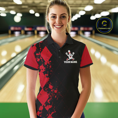 Red Argyle Pattern Bowling Shirts For Women Custom Bowling Team Jerseys Bowler Outfits NBT1180