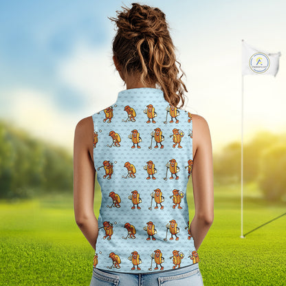 Funny Hotdog Womens Sleeveless Golf Polo Shirt, Custom Sausage Print Golf Polo, Golf Shirts For Team NBT492