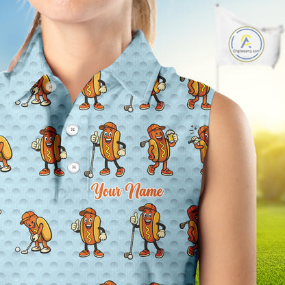 Funny Hotdog Womens Sleeveless Golf Polo Shirt, Custom Sausage Print Golf Polo, Golf Shirts For Team NBT492