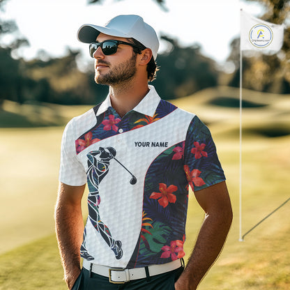 Custom Name Colorful Tropical Pattern Golf Men's Polo Shirt, White Golf Shirt, Team Golf Top NBT498