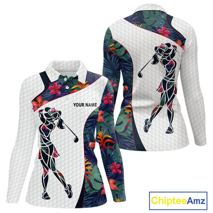 Custom Name Colorful Tropical Pattern Golf Women's Polo Shirt, White Golf Shirt, Team Golf Top NBT498