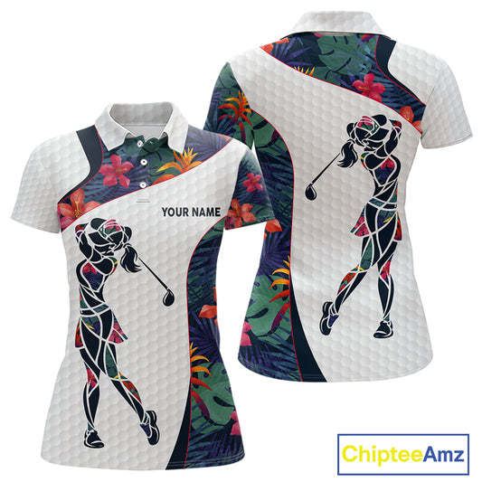 Custom Name Colorful Tropical Pattern Golf Women's Polo Shirt, White Golf Shirt, Team Golf Top NBT498