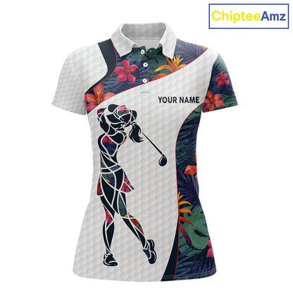 Custom Name Colorful Tropical Pattern Golf Women's Polo Shirt, White Golf Shirt, Team Golf Top NBT498