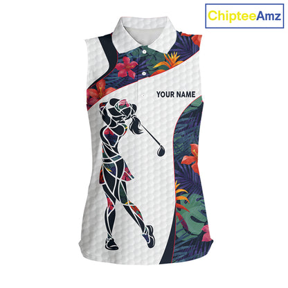 Custom Name Colorful Tropical Pattern Golf Women's Sleeveless Polo Shirt, White Golf Shirt, Team Golf Top NBT498