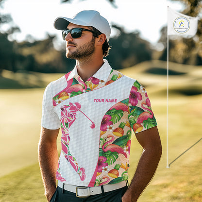 Colorful Tropical Pattern Mens Golf Polo Shirt Custom Name White Golf Shirt, Golf Gifts NBT499