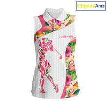 Load image into Gallery viewer, Colorful Tropical Pattern Womens Sleeveless Golf Polo Shirt Custom Name White Golf Shirt, Golf Gifts NBT499