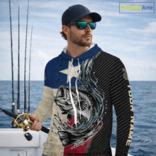 Load image into Gallery viewer, Angler wearing Custom Texas Flag Bass Fishing Shirt Texas Bass Long Sleeve Hooded Shirt, breathable UPF 30+ long sleeve hooded fishing shirt on the boat