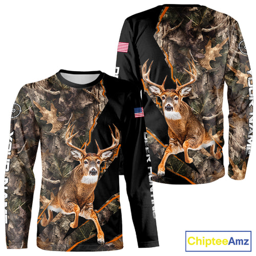 Whitetail Deer Hunting Brown Camo with Scope US Flag Shirts, Deer Hunting Clothes for Hunters NBT230