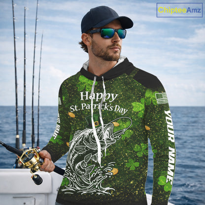 Custom St Patrick's Day American Flag Bass Long Sleeve Hooded Fishing Shirts, Patriotric Bass Fishing Jerseys NBT381
