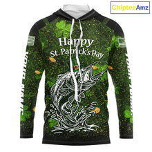 Load image into Gallery viewer, Custom St Patrick's Day American Flag Bass Long Sleeve Hooded Fishing Shirts, Patriotric Bass Fishing Jerseys NBT381