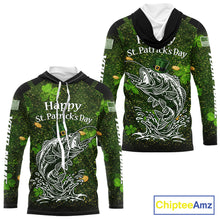 Load image into Gallery viewer, Custom St Patrick's Day American Flag Bass Long Sleeve Hooded Fishing Shirts, Patriotric Bass Fishing Jerseys NBT381