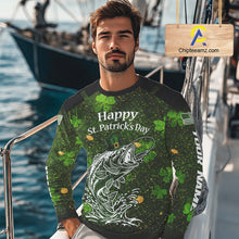 Load image into Gallery viewer, Custom St Patrick's Day American Flag Bass Long Sleeve Fishing Shirts, Patriotric Bass Fishing Jerseys NBT381