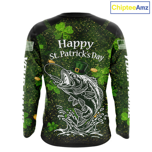 Custom St Patrick's Day American Flag Bass Long Sleeve Fishing Shirts, Patriotric Bass Fishing Jerseys NBT381