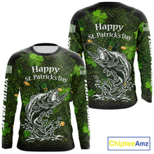 Load image into Gallery viewer, Custom St Patrick's Day American Flag Bass Long Sleeve Fishing Shirts, Patriotric Bass Fishing Jerseys NBT381