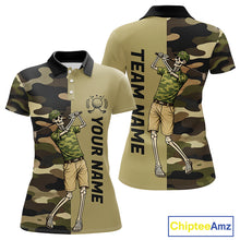 Load image into Gallery viewer, Funny Skull Golf Polo Shirts Green Camo Pattern Custom Name Skull Playing Golf Apparel NBT625