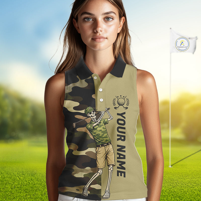 Funny Skull Womens Sleeveless Golf Polo Shirts Green Camo Pattern Custom Name Skull Playing Golf Apparel NBT625