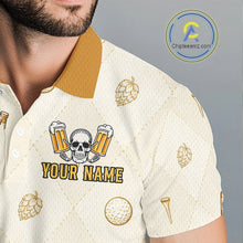 Load image into Gallery viewer, Close-up UPF polyester fabric "born to golf forced to work" beer argyle pattern custom golf shirt moisture-wicking