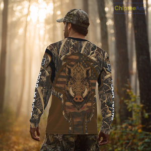 Personalized Wild Boar Hunting Brown Camo US Flag Printed Shirts, Hunting Gifts NBT235