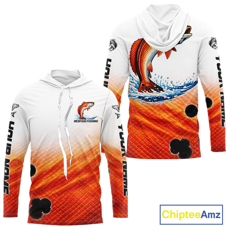 Redfish Fishing Scales Custom Name UV Protection Long Sleeve Hooded Fishing Shirts NBT514