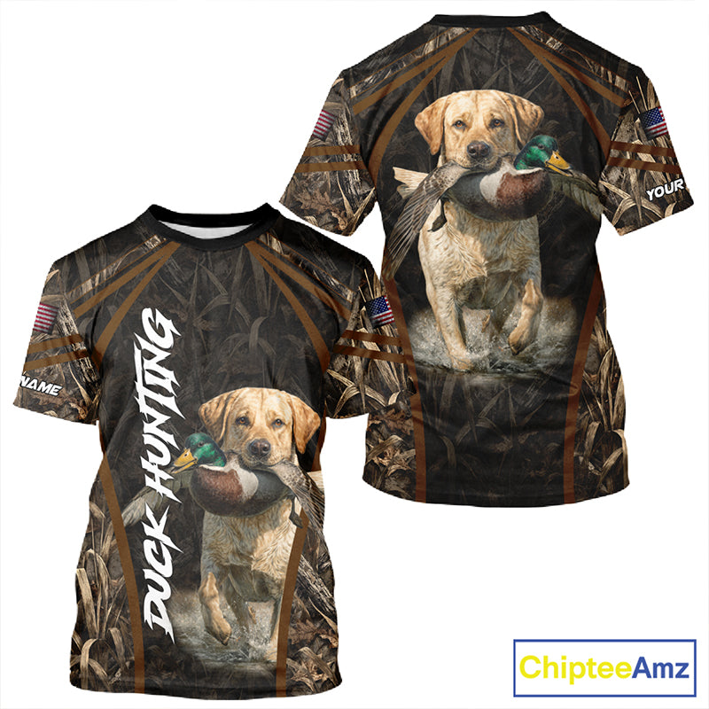 Waterfowl Duck Hunting Yellow Labrador Retriever Camo US Flag 3D Shirts, Duck Hunting Gifts NBT239