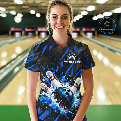 Personalized Blue Bowling Shirts Custom Bowling Team Jersey Quarter-Zip Bowling Shirts For Women NBT1213
