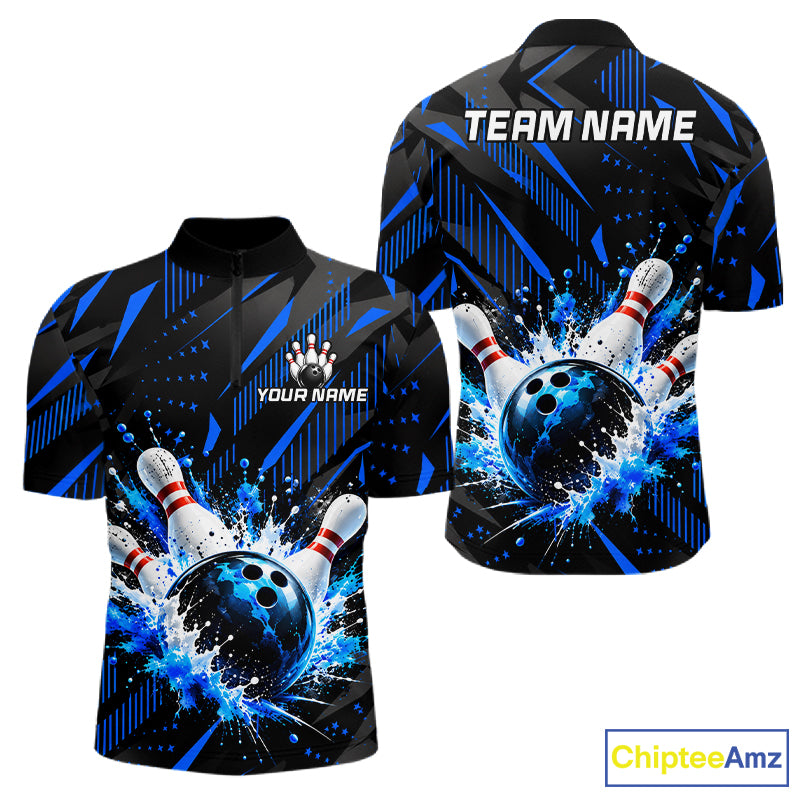 Personalized Blue Bowling Shirts Custom Bowling Team Jersey Quarter-Zip Bowling Shirts For Men NBT1213