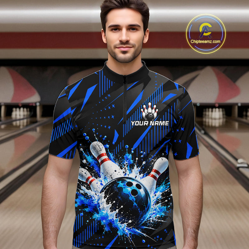 Personalized Blue Bowling Shirts Custom Bowling Team Jersey Quarter-Zip Bowling Shirts For Men NBT1213
