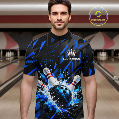 Personalized Blue Bowling Shirts Custom Bowling Team Jersey Quarter-Zip Bowling Shirts For Men NBT1213