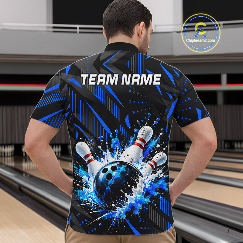 Personalized Blue Bowling Shirts Custom Bowling Team Jersey Quarter-Zip Bowling Shirts For Men NBT1213