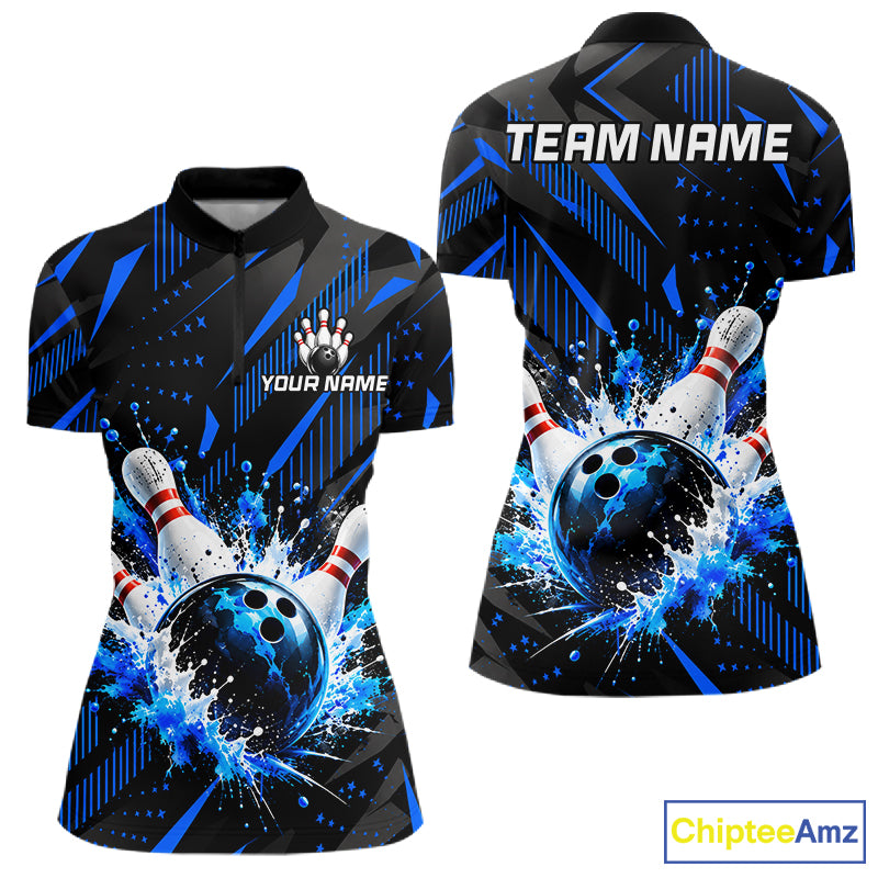 Personalized Blue Bowling Shirts Custom Bowling Team Jersey Quarter-Zip Bowling Shirts For Women NBT1213