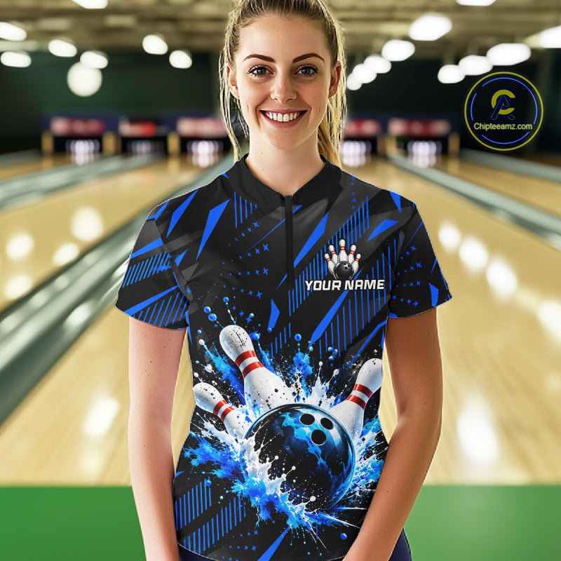Personalized Blue Bowling Shirts Custom Bowling Team Jersey Quarter-Zip Bowling Shirts For Women NBT1213
