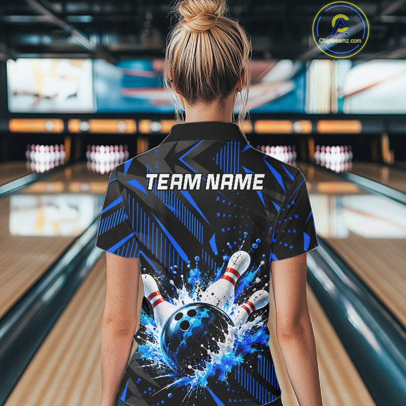 Personalized Blue Bowling Shirts Custom Bowling Team Jersey Quarter-Zip Bowling Shirts For Women NBT1213