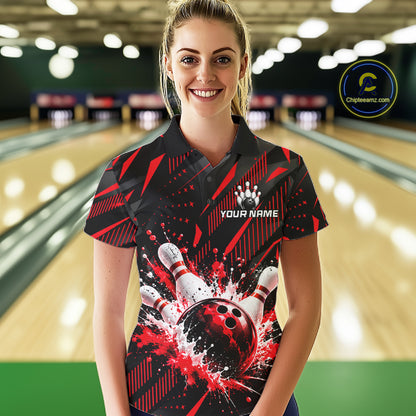 Personalized Red Bowling Shirts Custom Bowling Team Jersey Quarter-Zip Bowling Shirts For Women NBT1214