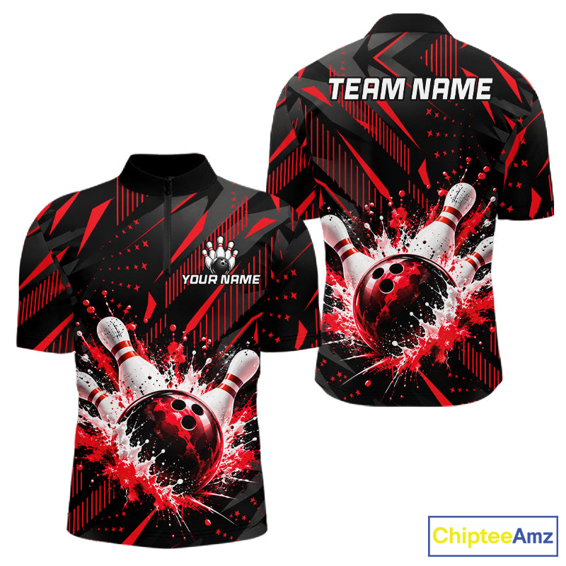 Personalized Red Bowling Shirts Custom Bowling Team Jersey Quarter-Zip Bowling Shirts For Men NBT1214