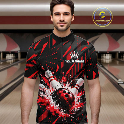 Personalized Red Bowling Shirts Custom Bowling Team Jersey Quarter-Zip Bowling Shirts For Men NBT1214