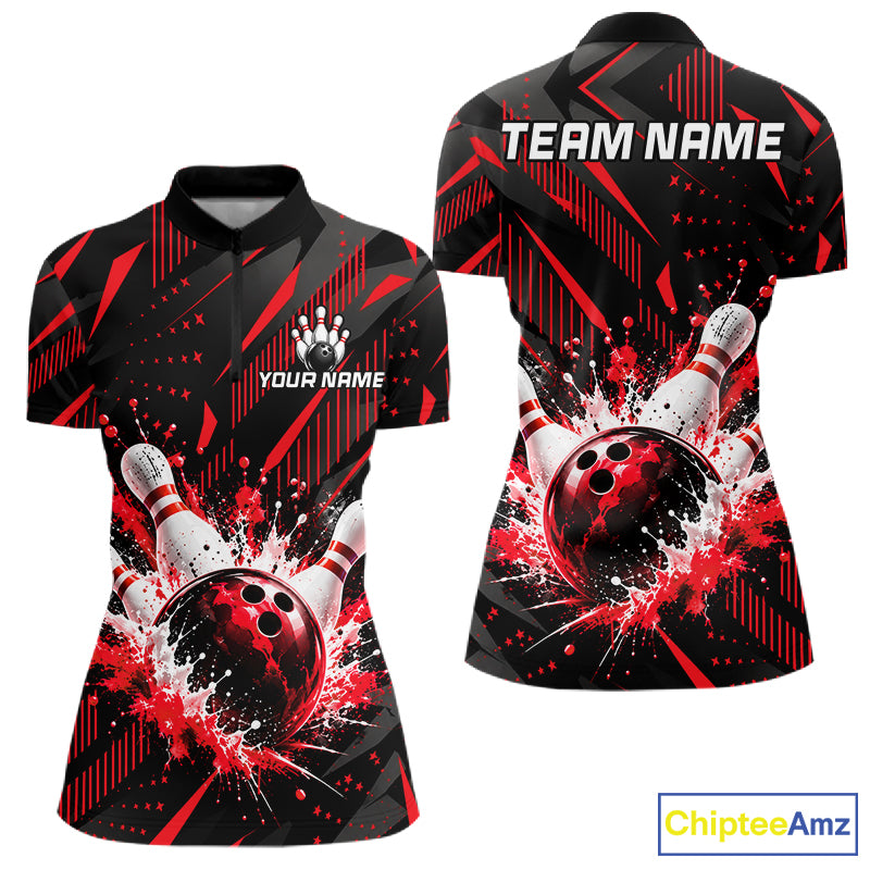 Personalized Red Bowling Shirts Custom Bowling Team Jersey Quarter-Zip Bowling Shirts For Women NBT1214