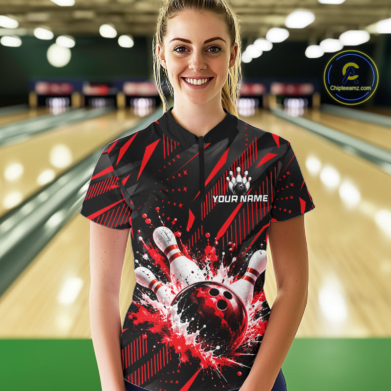 Personalized Red Bowling Shirts Custom Bowling Team Jersey Quarter-Zip Bowling Shirts For Women NBT1214
