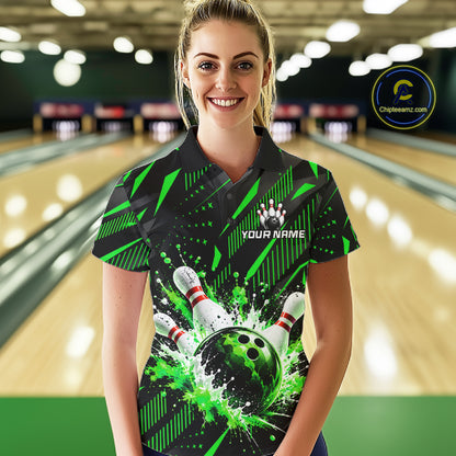 Personalized Green Bowling Shirts Custom Bowling Team Jersey Quarter-Zip Bowling Shirts For Women NBT1215