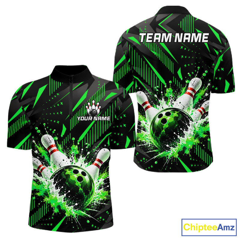 Personalized Green Bowling Shirts Custom Bowling Team Jersey Quarter-Zip Bowling Shirts For Men NBT1215