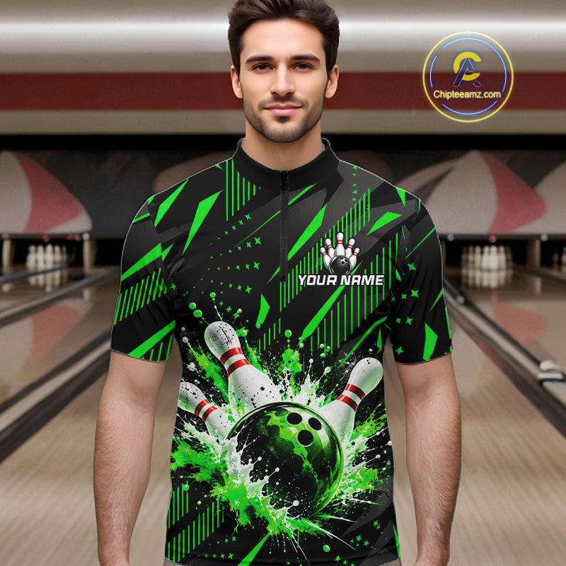 Personalized Green Bowling Shirts Custom Bowling Team Jersey Quarter-Zip Bowling Shirts For Men NBT1215