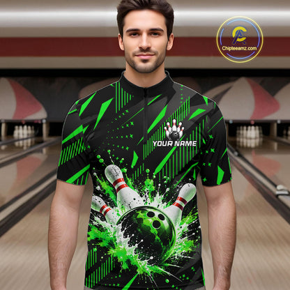 Personalized Green Bowling Shirts Custom Bowling Team Jersey Quarter-Zip Bowling Shirts For Men NBT1215