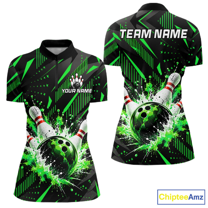 Personalized Green Bowling Shirts Custom Bowling Team Jersey Quarter-Zip Bowling Shirts For Women NBT1215