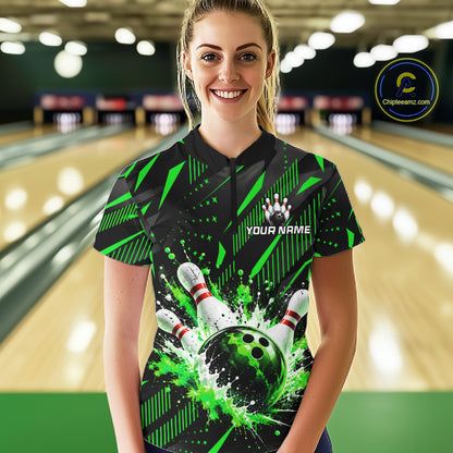 Personalized Green Bowling Shirts Custom Bowling Team Jersey Quarter-Zip Bowling Shirts For Women NBT1215