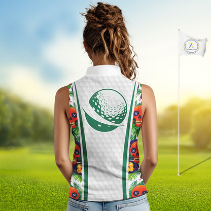 Funny Sleeveless Golf Skull Tropical Pattern Golf Polo Shirt Custom Name Golf Shirts For Womens NBT519